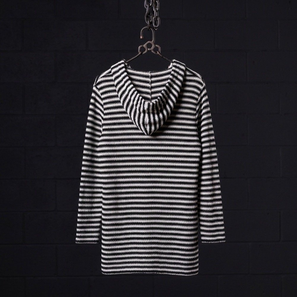 La Blanca Women Black White Striped Knit Hoodie Beach Cover Up Tunic Large Pool - Picture 2 of 6